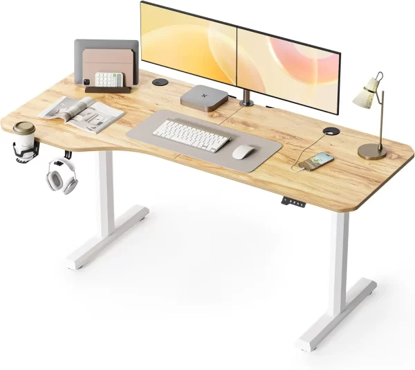 DESINO 63 X 30 Inch Height Adjustable Electric Standing Desk With Drawers, Stand Up Table With Large Storage Shelf, Sit Stand Desk For Home Office, Rustic Brown